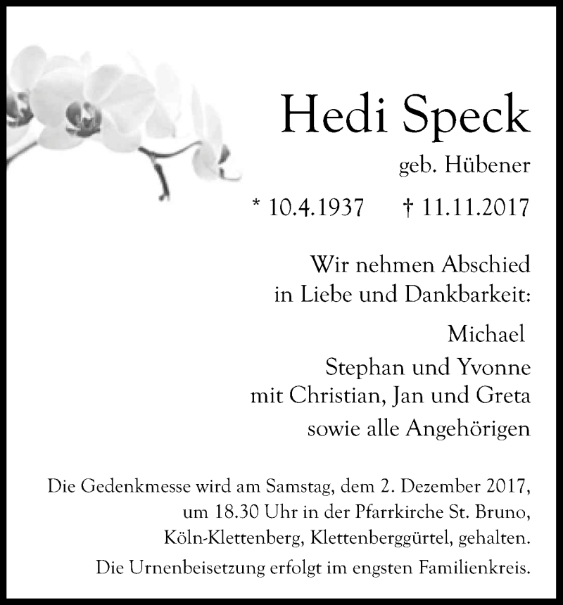  Traueranzeige für Hedi Speck vom 22.11.2017 aus Kölner Stadt-Anzeiger / Kölnische Rundschau / Express