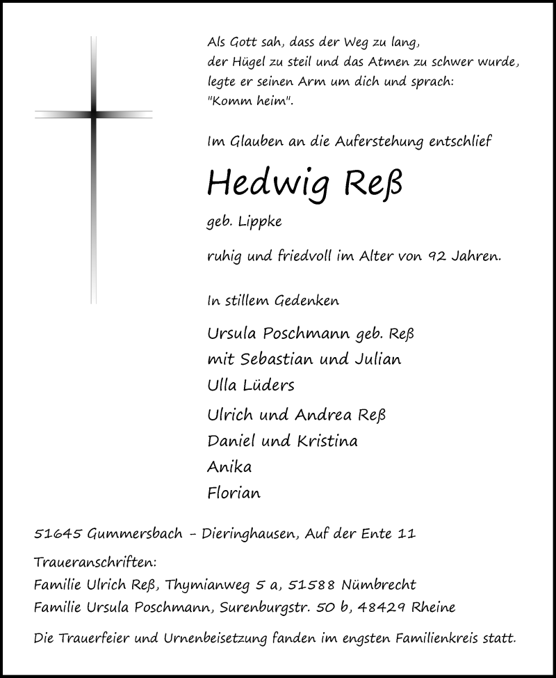  Traueranzeige für Hedwig Reß vom 22.11.2017 aus  Anzeigen Echo 