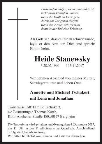 Anzeige von Heide Stanewsky von  Werbepost 