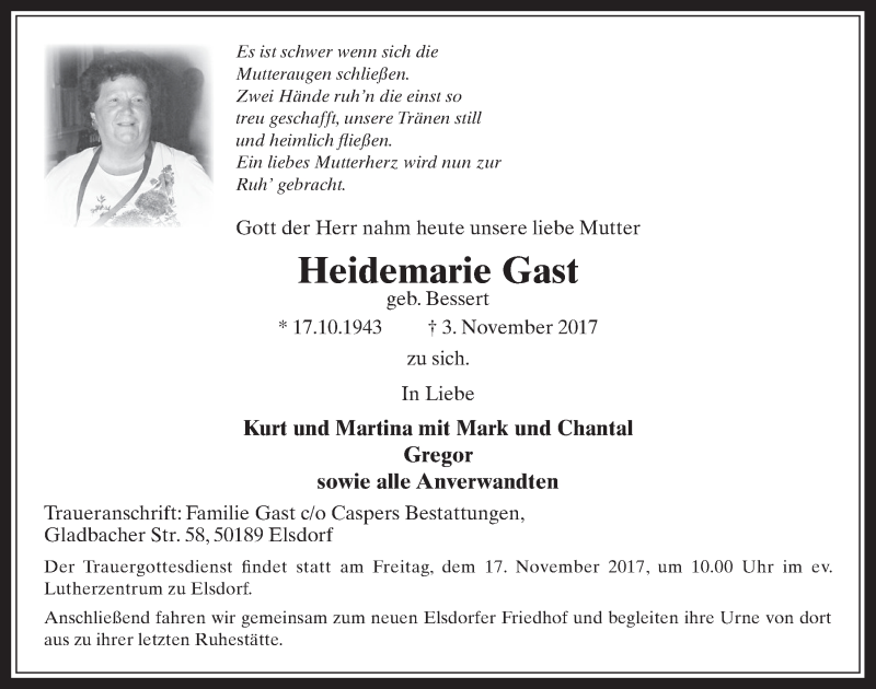  Traueranzeige für Heidemarie Gast vom 15.11.2017 aus  Werbepost 