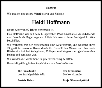 Anzeige von Heidi Hoffmann von Kölner Stadt-Anzeiger / Kölnische Rundschau / Express