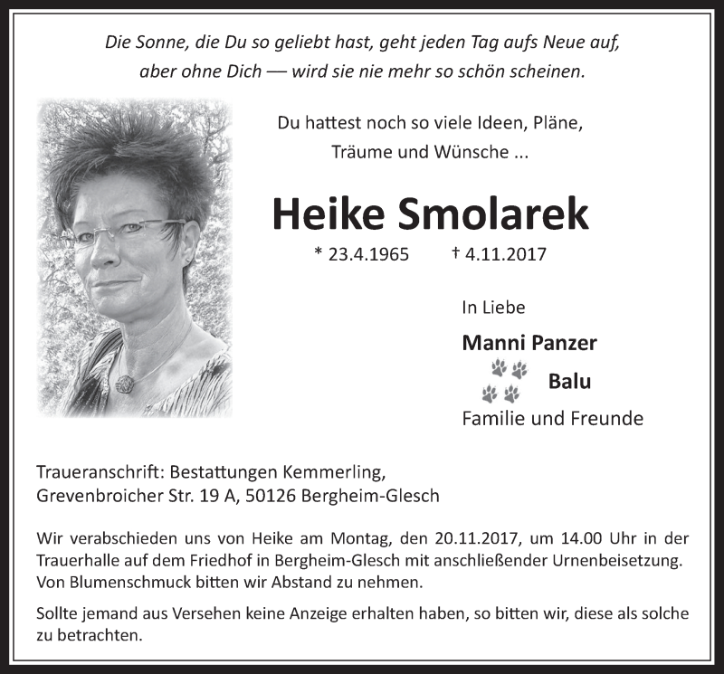  Traueranzeige für Heike Smolarek vom 15.11.2017 aus  Werbepost 