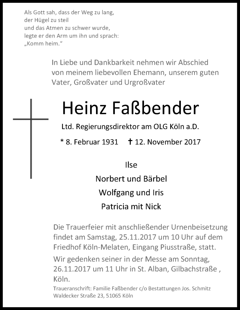  Traueranzeige für Heinrich Faßbender vom 18.11.2017 aus Kölner Stadt-Anzeiger / Kölnische Rundschau / Express