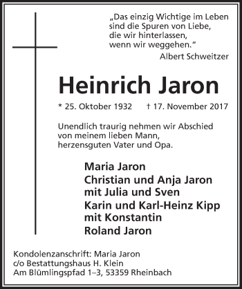 Anzeige von Heinrich Jaron von  Schaufenster/Blickpunkt 