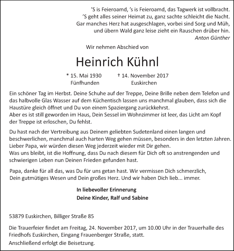  Traueranzeige für Heinrich Kühnl vom 18.11.2017 aus  Blickpunkt Euskirchen 