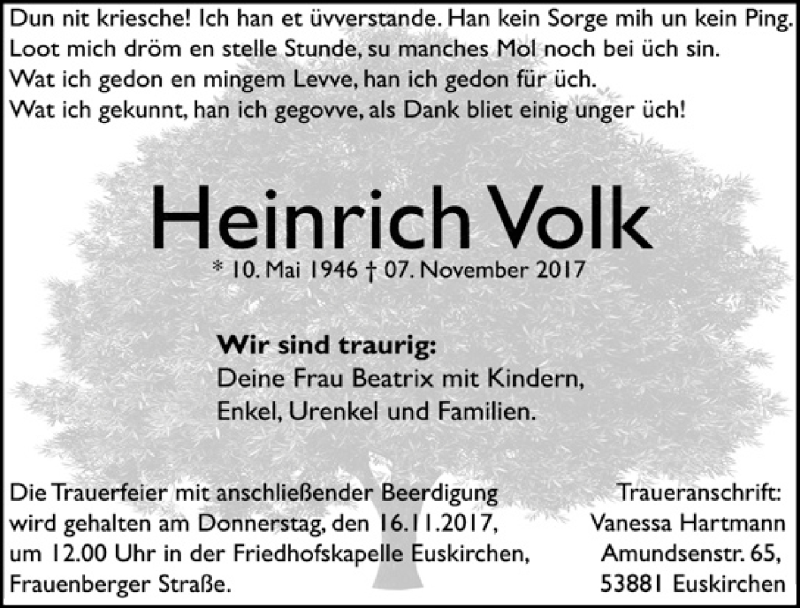 Traueranzeige für Heinrich Volk vom 11.11.2017 aus  Blickpunkt Euskirchen 