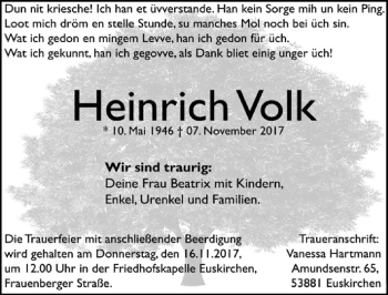 Anzeige von Heinrich Volk von  Blickpunkt Euskirchen 