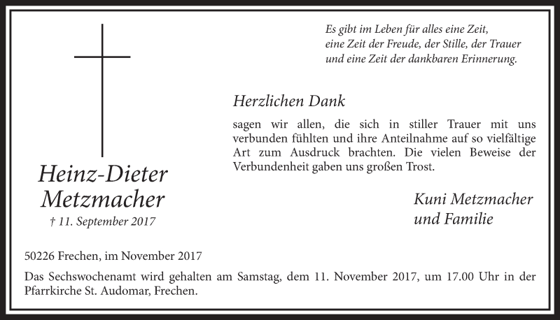  Traueranzeige für Heinz-Dieter Metzmacher vom 04.11.2017 aus  Sonntags-Post 