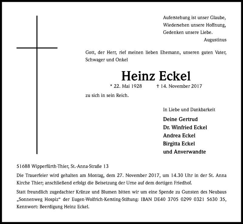  Traueranzeige für Heinz Eckel vom 21.11.2017 aus Kölner Stadt-Anzeiger / Kölnische Rundschau / Express