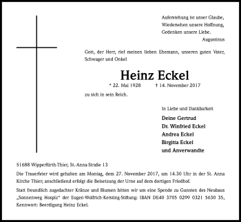 Anzeige von Heinz Eckel von Kölner Stadt-Anzeiger / Kölnische Rundschau / Express