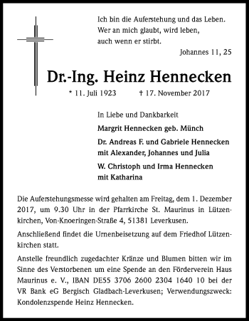 Anzeige von Heinz Hennecken von Kölner Stadt-Anzeiger / Kölnische Rundschau / Express