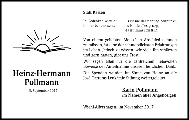  Traueranzeige für Heinz-Hermann Pollmann vom 18.11.2017 aus Kölner Stadt-Anzeiger / Kölnische Rundschau / Express