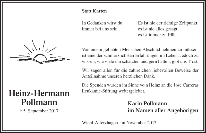  Traueranzeige für Heinz-Hermann Pollmann vom 29.11.2017 aus  Lokalanzeiger 