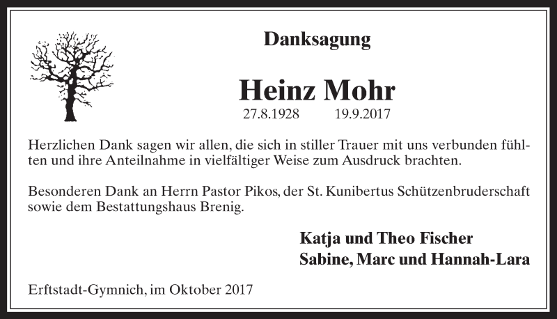  Traueranzeige für Heinz Mohr vom 02.11.2017 aus  Werbepost 