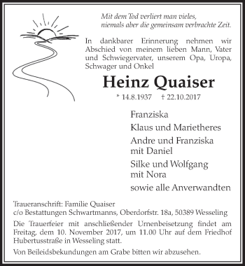 Anzeige von Heinz Quaiser von  Schlossbote/Werbekurier 