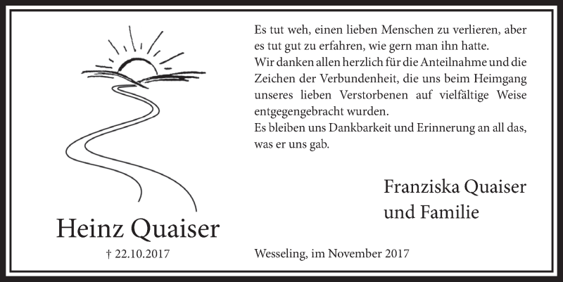  Traueranzeige für Heinz Quaiser vom 22.11.2017 aus  Schlossbote/Werbekurier 