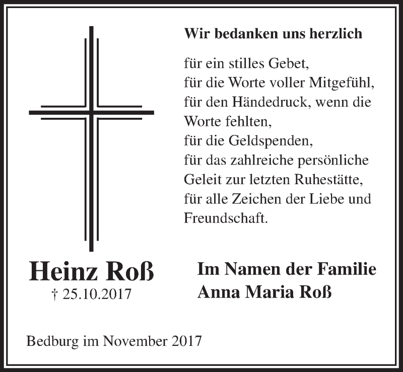  Traueranzeige für Heinz Roß vom 25.11.2017 aus  Sonntags-Post 