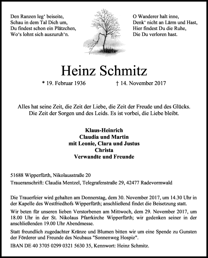  Traueranzeige für Heinz Schmitz vom 21.11.2017 aus Kölner Stadt-Anzeiger / Kölnische Rundschau / Express