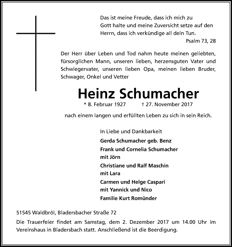  Traueranzeige für Heinz Schumacher vom 30.11.2017 aus Kölner Stadt-Anzeiger / Kölnische Rundschau / Express