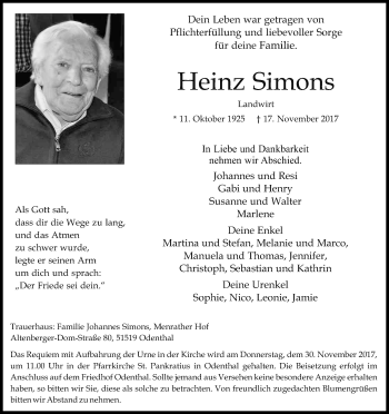 Anzeige von Heinz Simons von Kölner Stadt-Anzeiger / Kölnische Rundschau / Express
