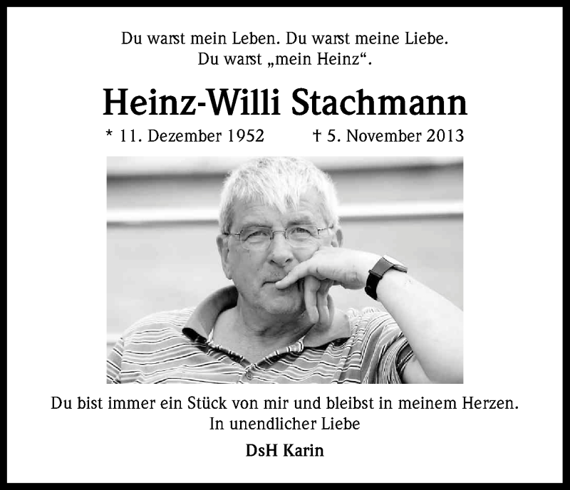  Traueranzeige für Heinz-Willi Stachmann vom 06.11.2017 aus Kölner Stadt-Anzeiger / Kölnische Rundschau / Express