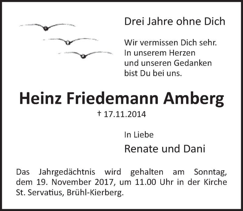  Traueranzeige für Heinz Friedemann Amberg vom 15.11.2017 aus  Schlossbote/Werbekurier 