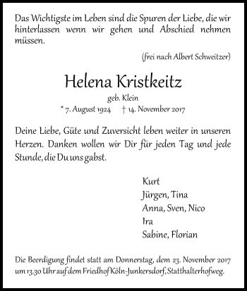 Anzeige von Helena Kristkeitz von Kölner Stadt-Anzeiger / Kölnische Rundschau / Express