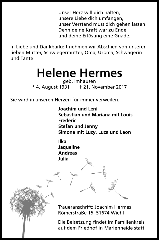  Traueranzeige für Helene Hermes vom 25.11.2017 aus Kölner Stadt-Anzeiger / Kölnische Rundschau / Express