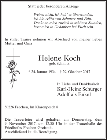 Anzeige von Helene Koch von  Sonntags-Post 