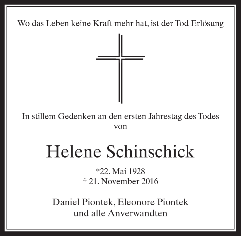  Traueranzeige für Helene Schinschick vom 15.11.2017 aus  Werbepost 