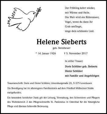 Anzeige von Helene Sieberts von Kölner Stadt-Anzeiger / Kölnische Rundschau / Express