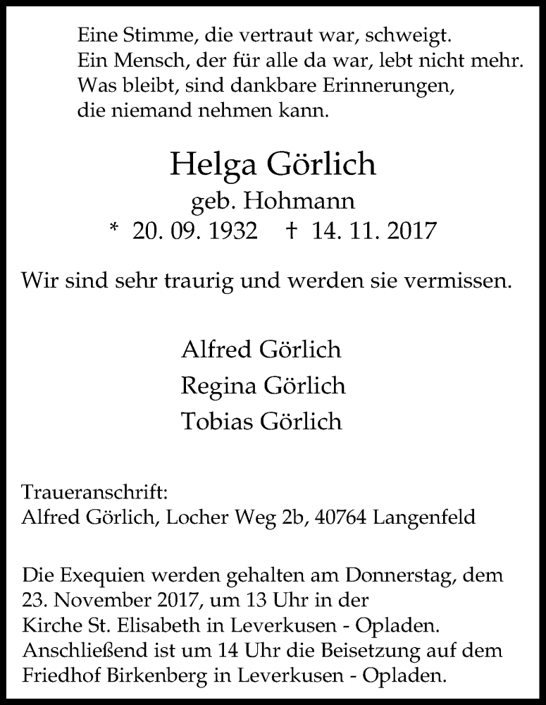  Traueranzeige für Helga Görlich vom 18.11.2017 aus Kölner Stadt-Anzeiger / Kölnische Rundschau / Express