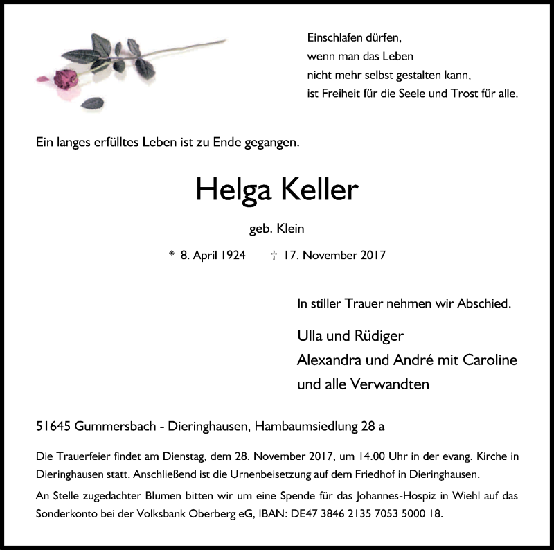  Traueranzeige für Helga Keller vom 24.11.2017 aus Kölner Stadt-Anzeiger / Kölnische Rundschau / Express
