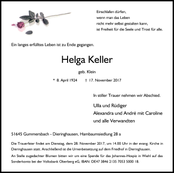 Anzeige von Helga Keller von Kölner Stadt-Anzeiger / Kölnische Rundschau / Express