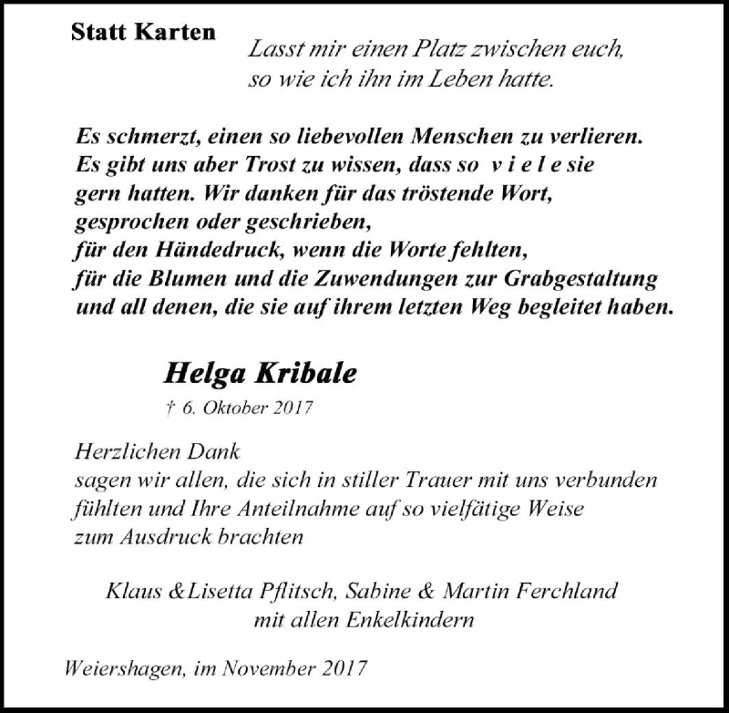  Traueranzeige für Helga Kribale vom 08.11.2017 aus  Anzeigen Echo 