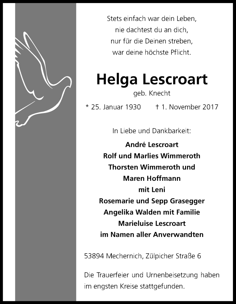  Traueranzeige für Helga Lescroart vom 18.11.2017 aus Kölner Stadt-Anzeiger / Kölnische Rundschau / Express