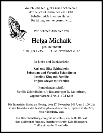 Anzeige von Helga Michalk von Kölner Stadt-Anzeiger / Kölnische Rundschau / Express