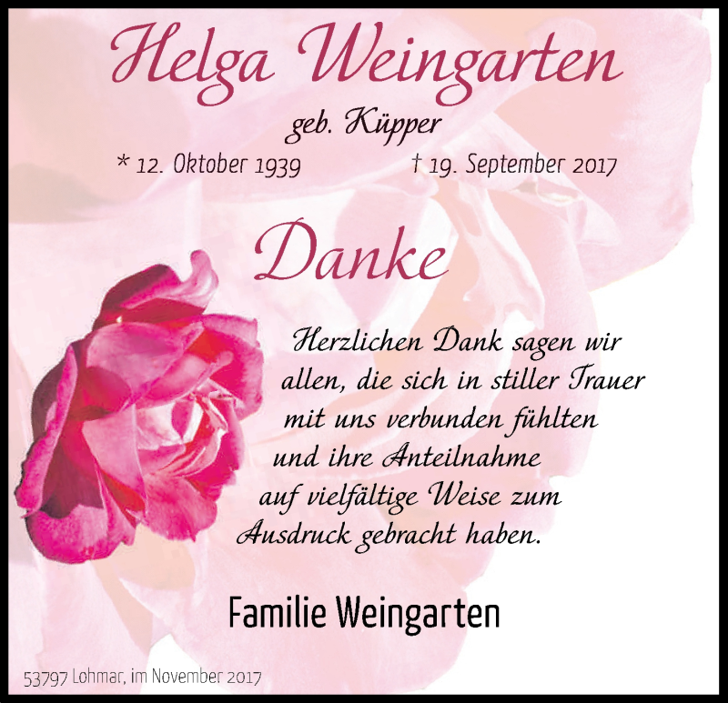  Traueranzeige für Helga Weingarten vom 04.11.2017 aus Kölner Stadt-Anzeiger / Kölnische Rundschau / Express