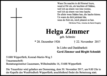 Anzeige von Helga Zimmer von Kölner Stadt-Anzeiger / Kölnische Rundschau / Express