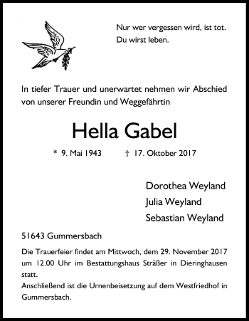 Anzeige von Hella Gabel von Kölner Stadt-Anzeiger / Kölnische Rundschau / Express
