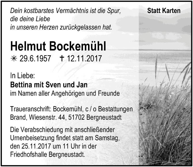  Traueranzeige für Helmut Bockemühl vom 22.11.2017 aus  Anzeigen Echo 