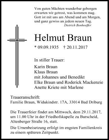 Anzeige von Helmut Braun von Kölner Stadt-Anzeiger / Kölnische Rundschau / Express