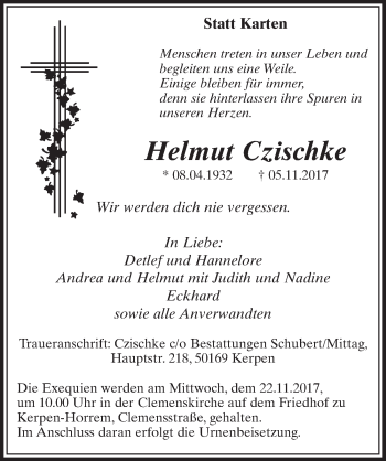 Anzeige von Helmut Czischke von  Sonntags-Post 