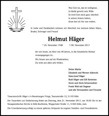 Anzeige von Helmut Häger von Kölner Stadt-Anzeiger / Kölnische Rundschau / Express