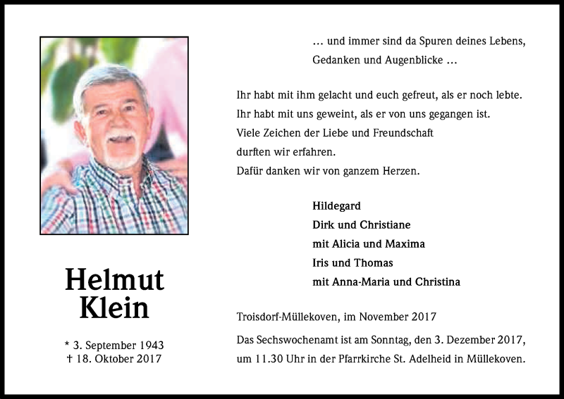  Traueranzeige für Helmut Klein vom 25.11.2017 aus Kölner Stadt-Anzeiger / Kölnische Rundschau / Express
