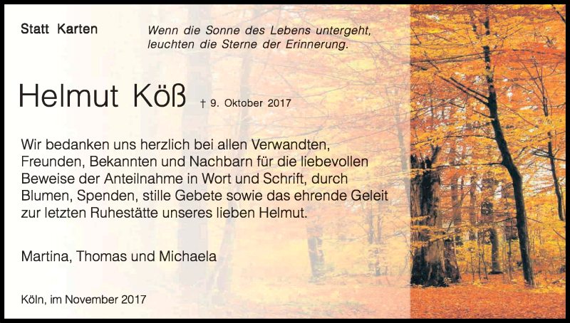  Traueranzeige für Helmut Köß vom 25.11.2017 aus Kölner Stadt-Anzeiger / Kölnische Rundschau / Express