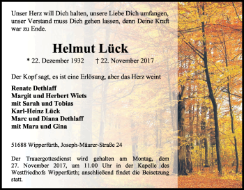 Anzeige von Helmut Lück von Kölner Stadt-Anzeiger / Kölnische Rundschau / Express