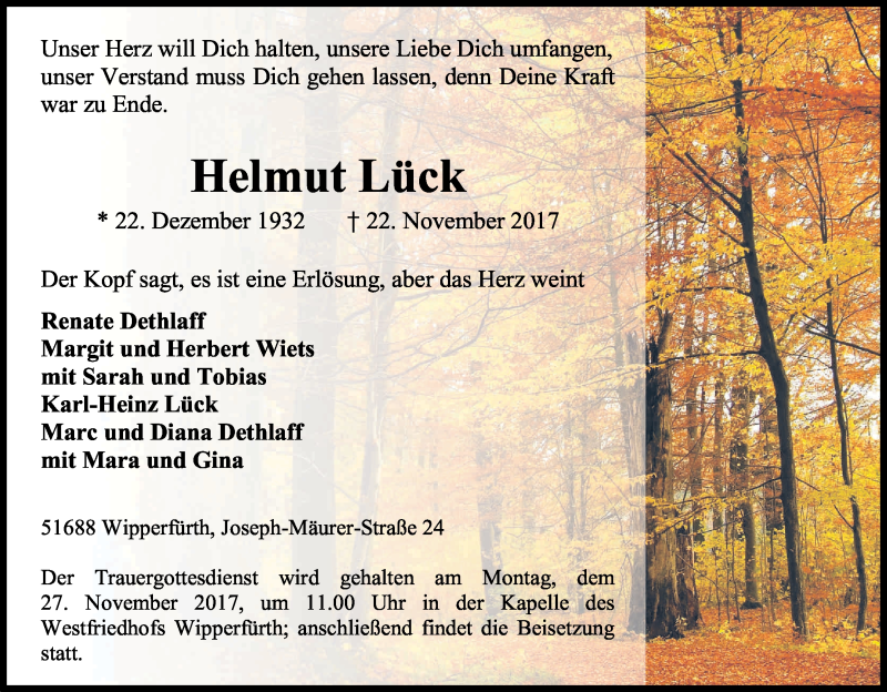  Traueranzeige für Helmut Lück vom 24.11.2017 aus Kölner Stadt-Anzeiger / Kölnische Rundschau / Express