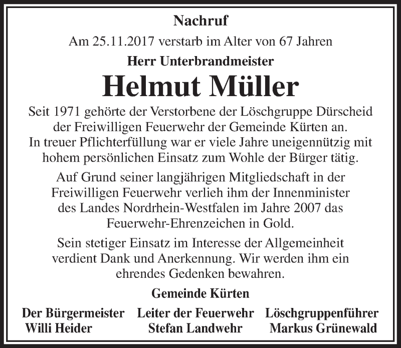  Traueranzeige für Helmut Müller vom 29.11.2017 aus  Bergisches Handelsblatt 