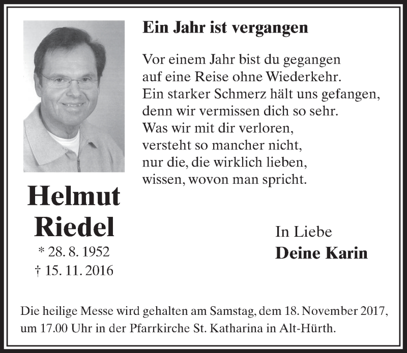 Traueranzeige für Helmut Riedel vom 15.11.2017 aus  Wochenende  Schlossbote/Werbekurier 